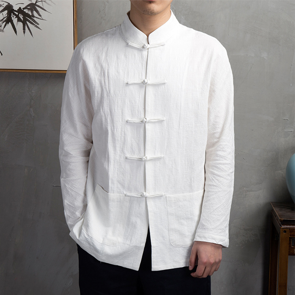 Mens Linen Shirt Long Sleeve - Retro Casual Heren Chinese Traditionele Kleding
