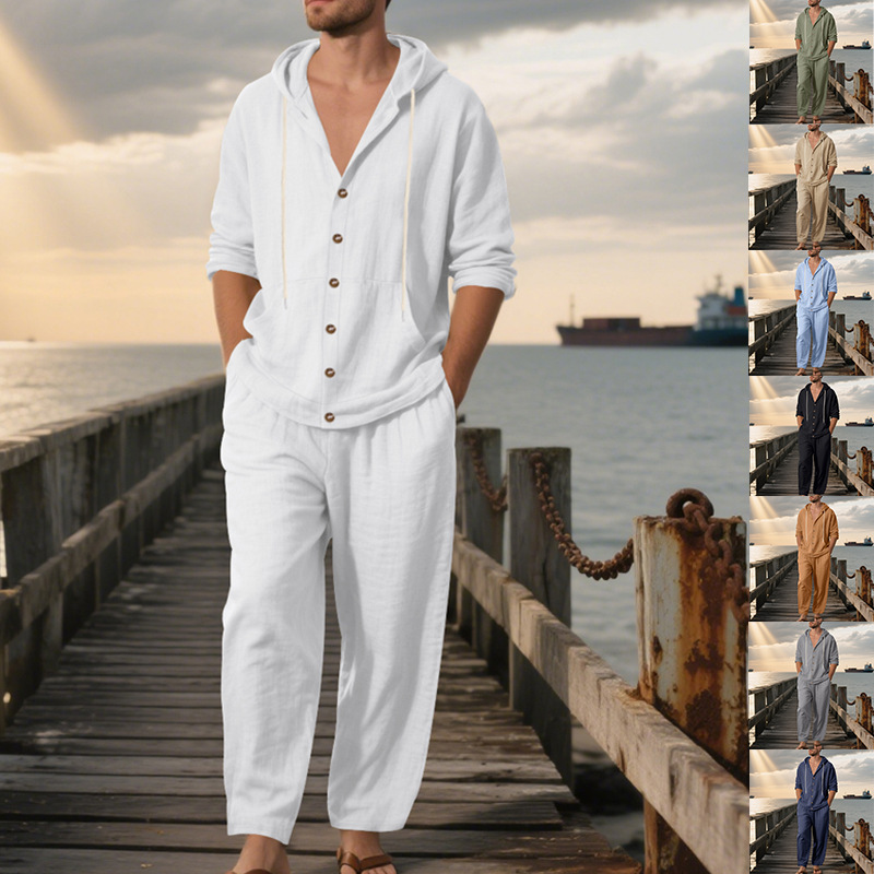 Mens Linen Shirt Long Sleeve - Zomer heren Amerikaanse losse linnen hooded
